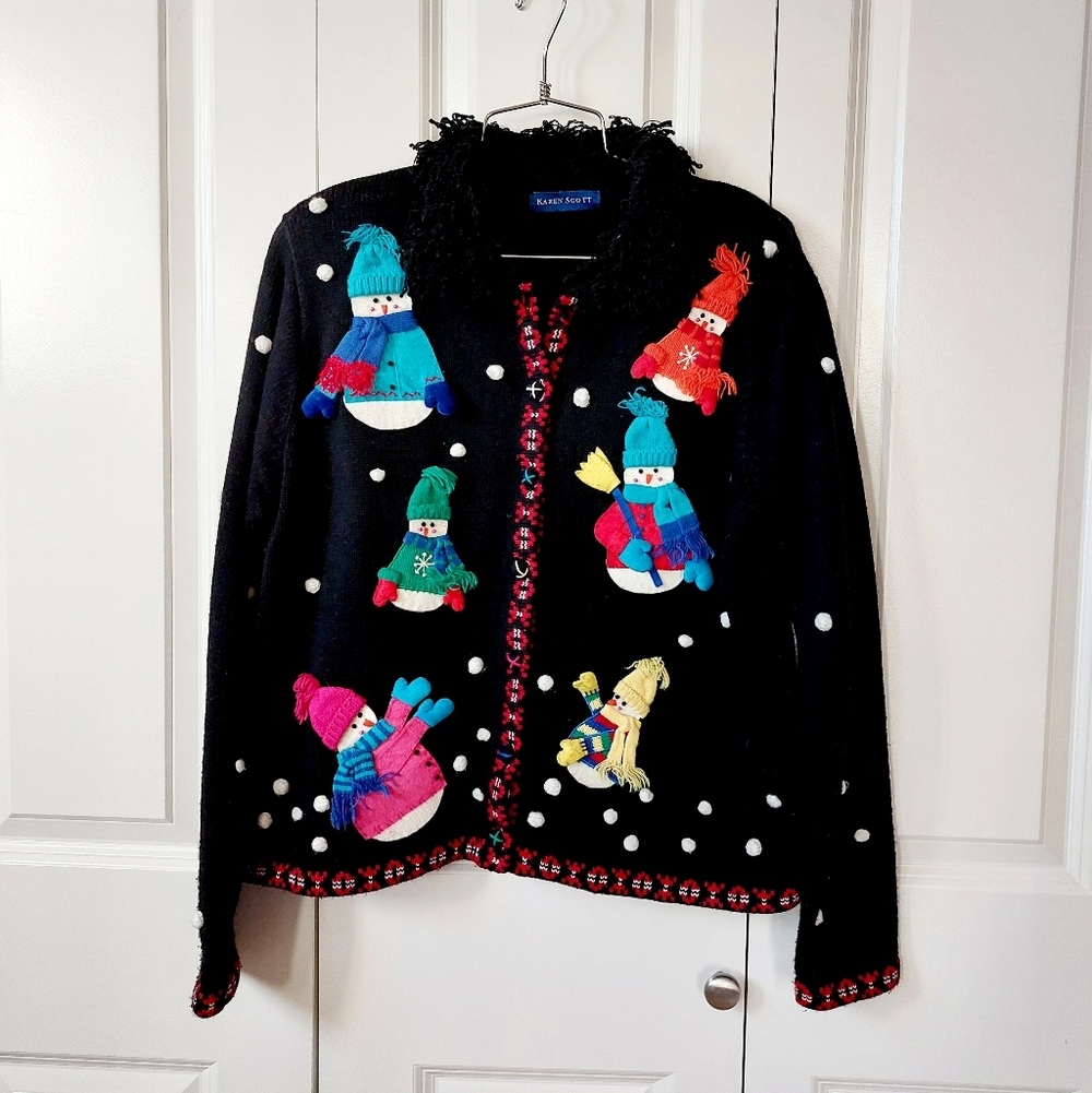 Snowman Snowball Fight Christmas Cardigan size Medium Karen‎ Scott